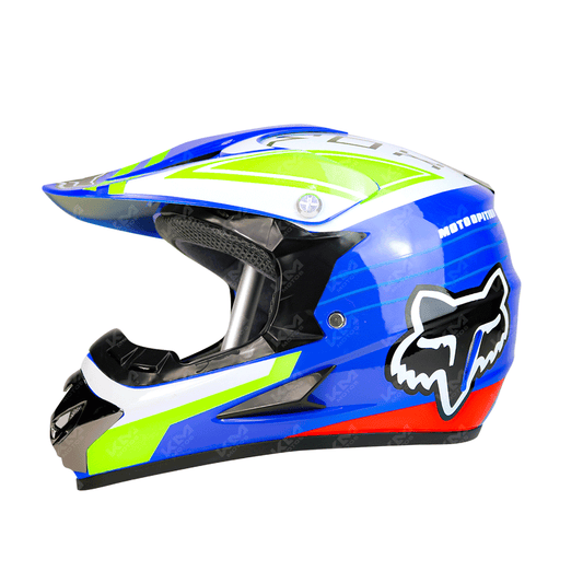 CASCO CROSS + DISENO FOX AZUL/MULTICOLOR (S/M/L/XL/XXL) KMS