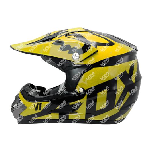 CASCO CROSS + DISENO FOX AMARILLO/NEGRO (S/M/L/XL/XXL) KMS